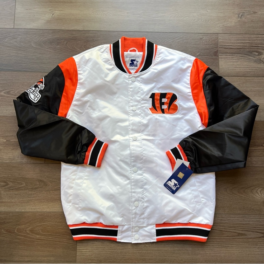 Mens Size XL STARTER Cincinnati Bengals Vintage Varsity Jacked White NFL